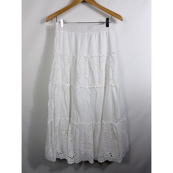 Ultra Pink Dresses & Skirts - Ultra Pink White Cotton Tiered Eyelet Midi Skirt Medium Boho Floral Lace Summer